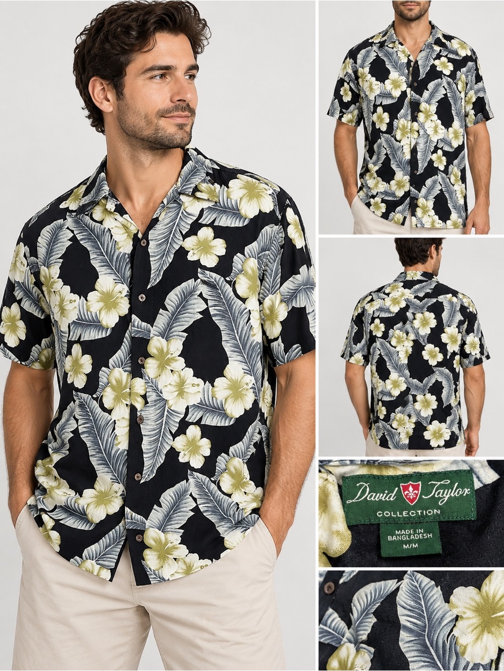 David Taylor Men’s M Hawaiian Floral Shirt Black 100% Rayon